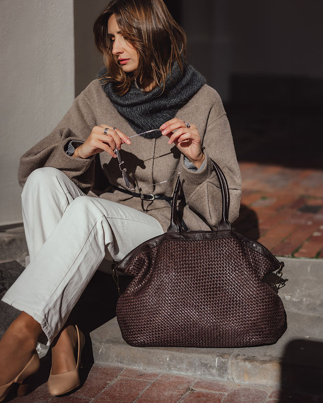 Duża torba shopper z plecionej skóry naturalnej - MARCO MAZZINI ciemnobrązowa caffe