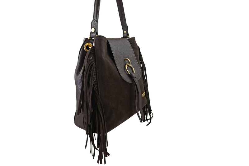 Skórzana torebka boho z frędzlami - Brązowa ciemna
