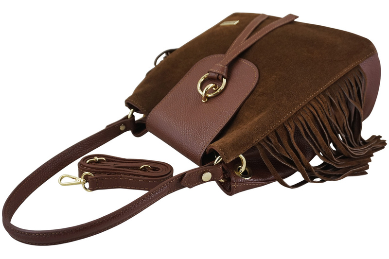 Skórzana torebka boho z frędzlami - Brązowa