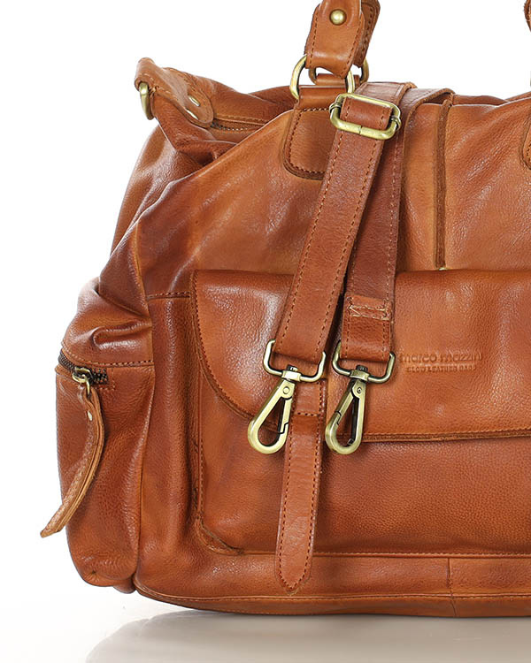 Pojemna torba damska na ramię z kieszeniami skóra naturalna - MARCO MAZZINI brąz camel