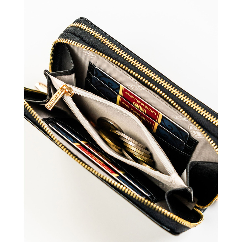 Czarny portfel damski w typie piórnika ze skóry ekologicznej wyposażony w system RFID - Peterson