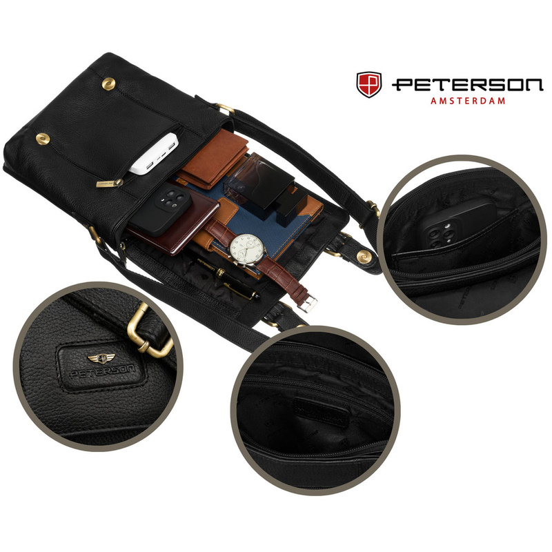 Klasyczna, czarna listonoszka męska ze skóry naturalnej zawieszona na regulowanym pasku - Peterson