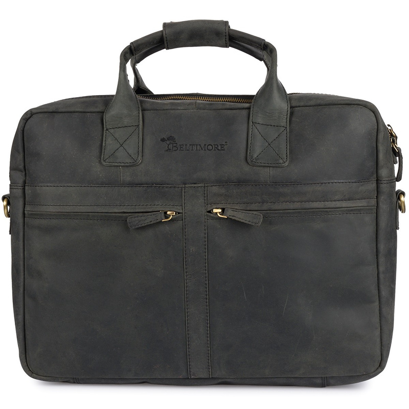 Duża solidna skórzana torba Beltimore na laptopa dokumenty czarna nubuk M87