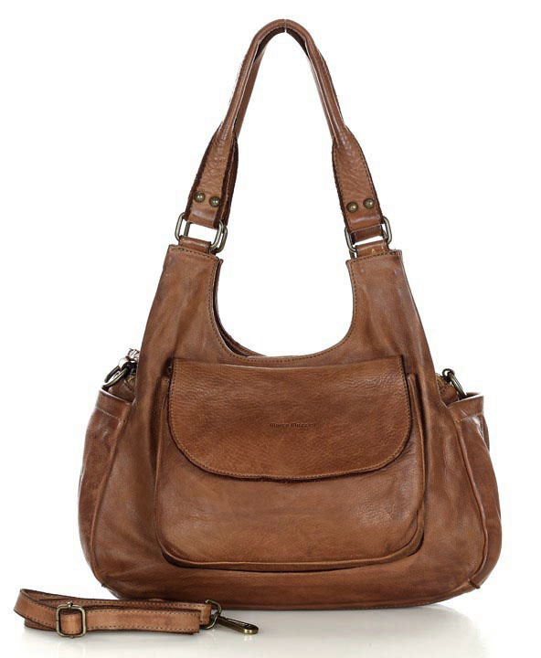 Włoska torebka skórzana z kieszenią z przodu retro bag handmade - MARCO MAZZINI czekoladowy brąz