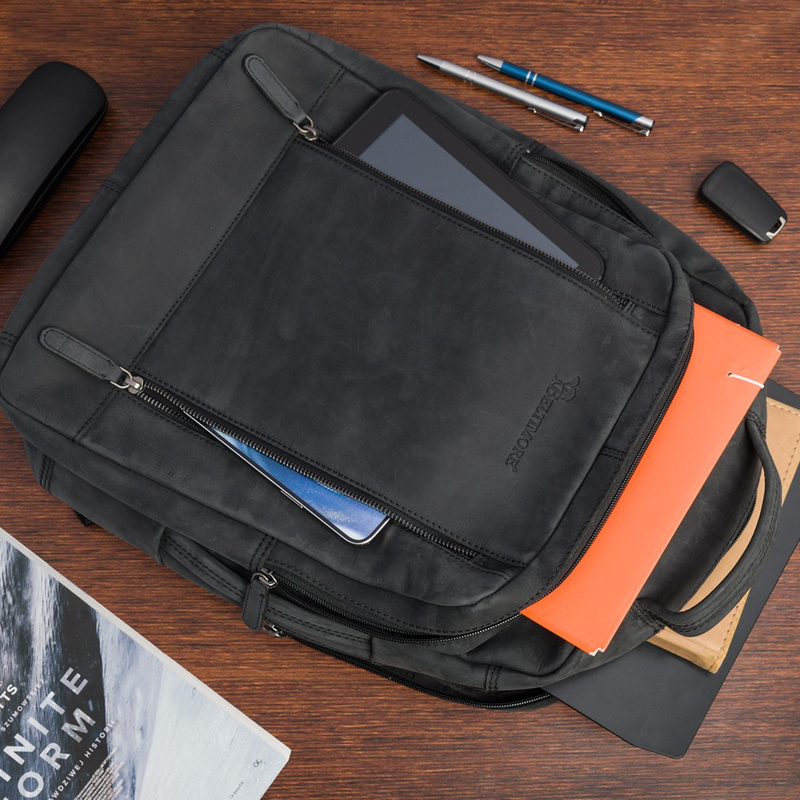 Plecak skórzany na laptopa 15,6 biznesowy duży A4 pojemny czarny premium Beltimore N09