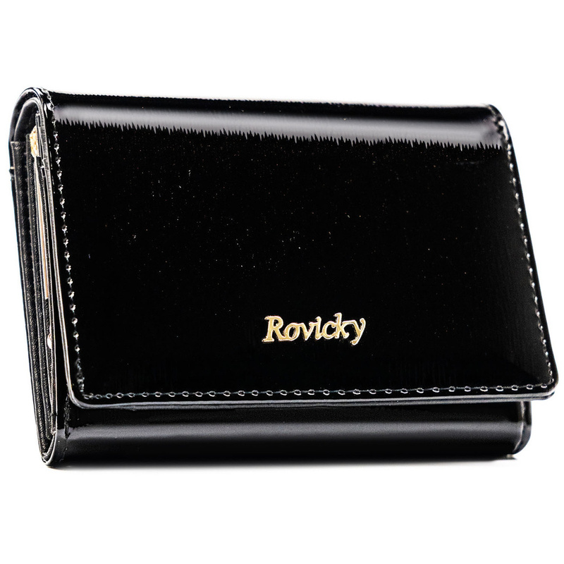 Portfel damski z lakierowanej skóry naturalnej w czarnym kolorze zamykany na zatrzask i bigiel - Rovicky