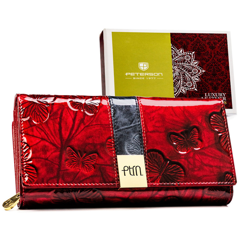 Elegancki portfel damski ze skóry naturalnej w czerwonym kolorze, zamykany zatrzaskiem - Peterson