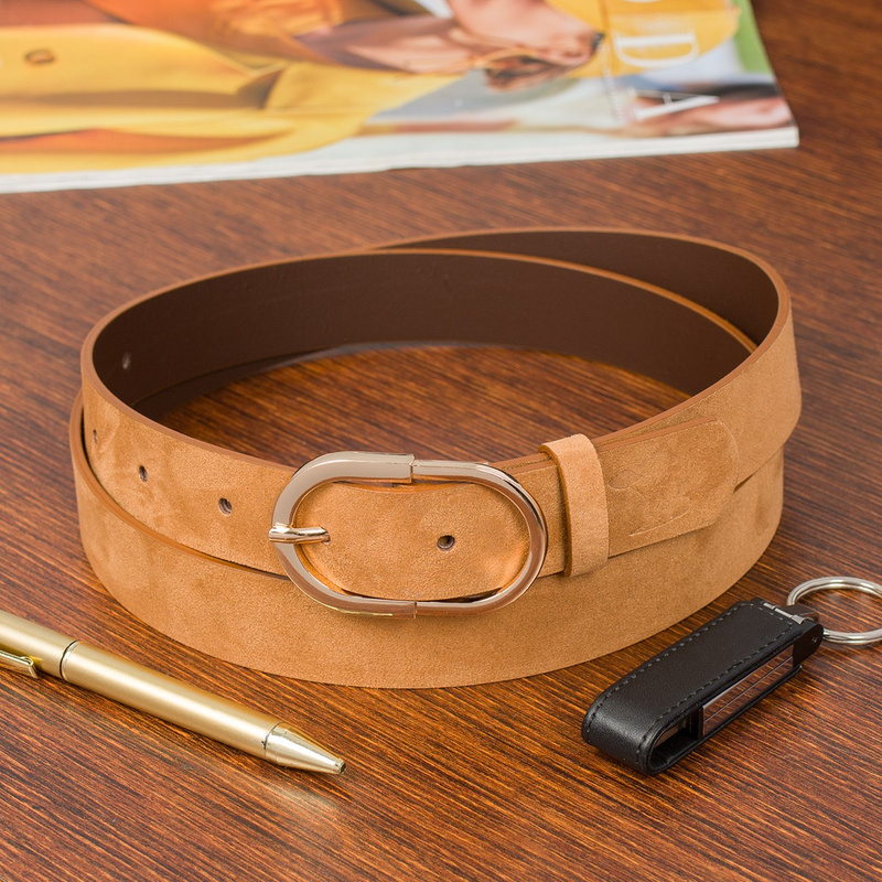 Skórzany pasek damski do spodni sukienki camelowy skóra nat. zamszowa 3 cm Beltimore E52 : Kolory - brązowy, beżowy, Rozmiar pasków - r.110-125 cm