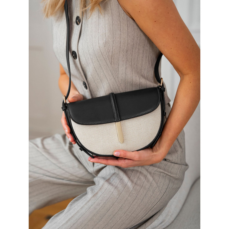 Listonoszka damska crossbody beżowo - czarna ze skóry naturalnej i płótna canvas Peterson