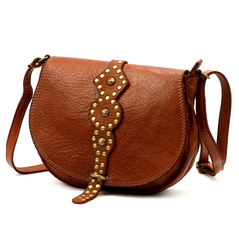 Elegancka damska listonoszka skórzana ze złotymi dżetami torebka na ramię