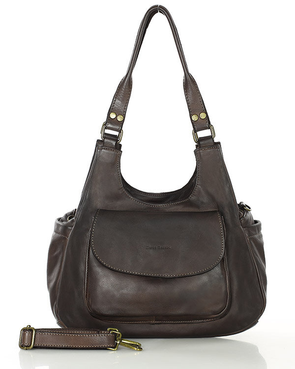 Włoska torebka skórzana z kieszenią z przodu retro bag handmade - MARCO MAZZINI ciemny brąz caffe