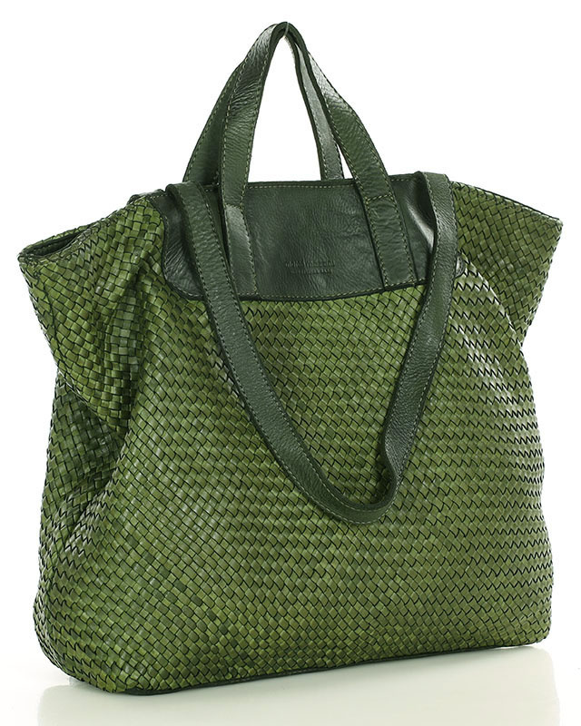Torba damska pleciona shopper & shoulder leather bag - MARCO MAZZINI zielony militare