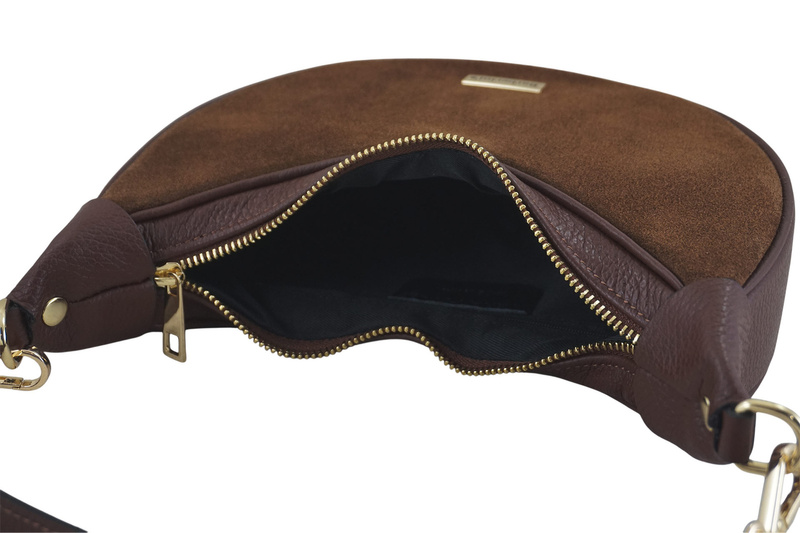 Subtelna mini torebka z miękkim zamszem i złotymi detalami - Brązowa