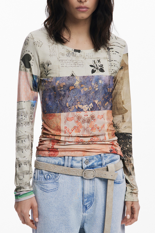 DESIGUAL DAMSKI T-SHIRT Z DŁUGIM RĘKAWEM BEŻOWY