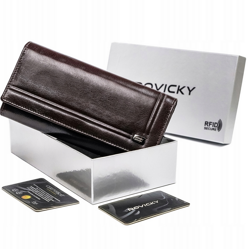 Podłużny damski skórzany duży portfel RFID Rovicky