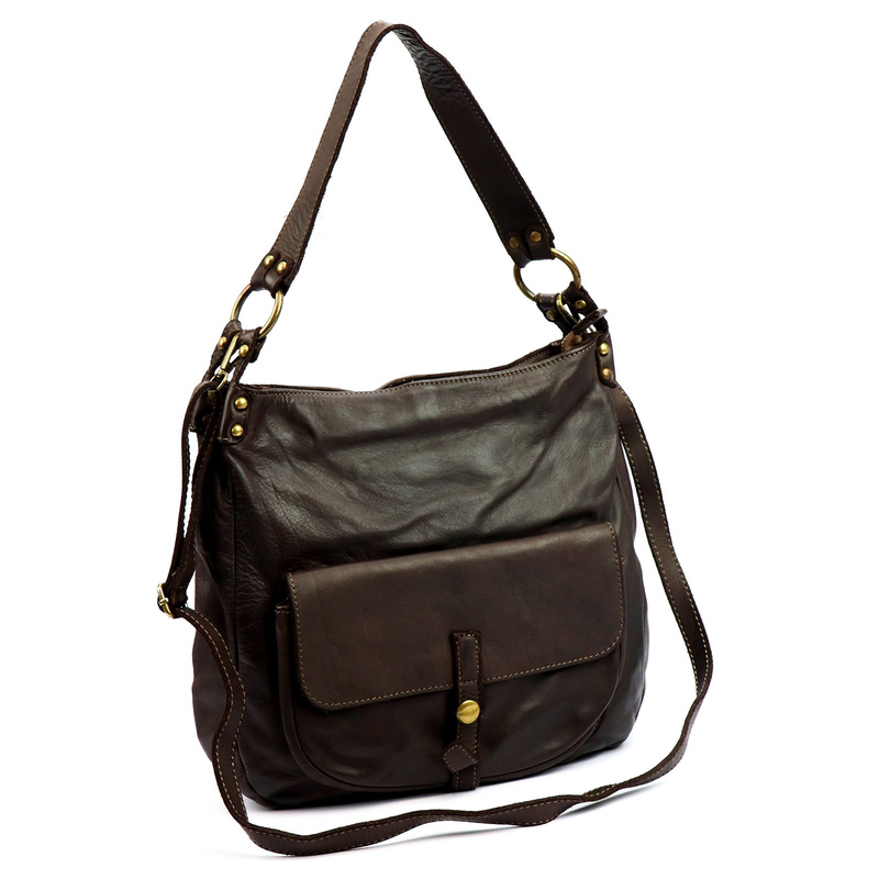 Skórzana damska torebka na ramię z kieszeniami z dopinanym paskiem VS