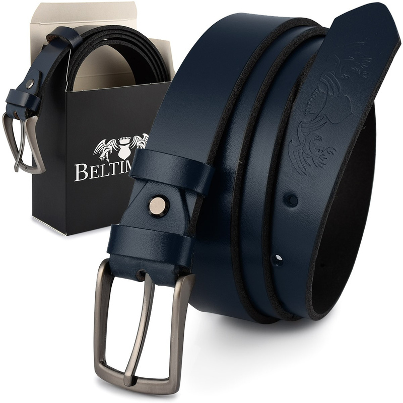 Beltimore skórzany pasek męski granatowy wąski E12 : Kolory - granatowy, Rozmiar pasków - r.90-105 cm