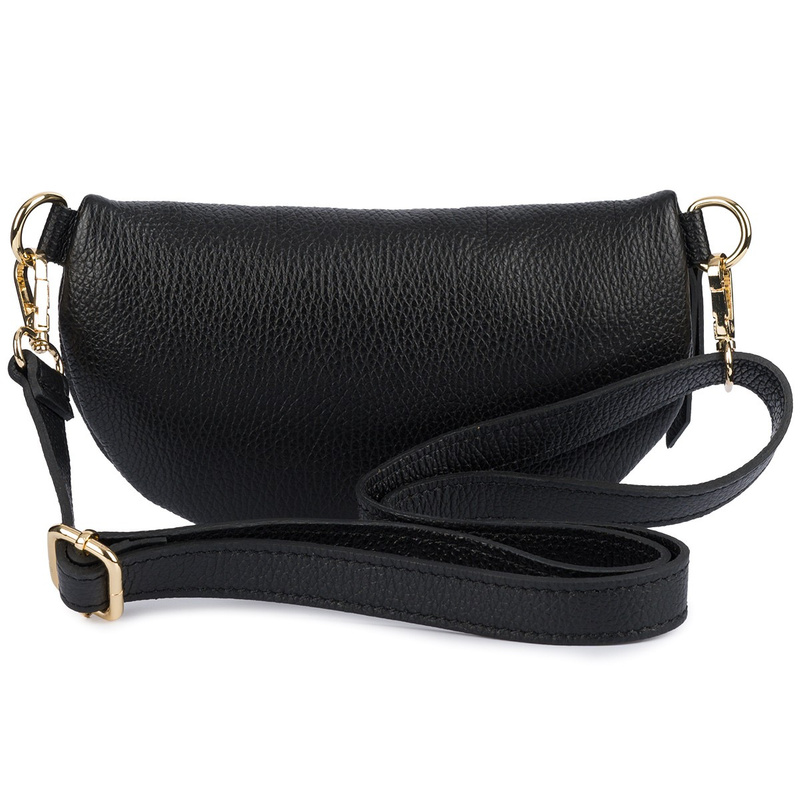 Damska Skórzana Włoska Saszetka Nerka na pasek czarna złoty suwak B68