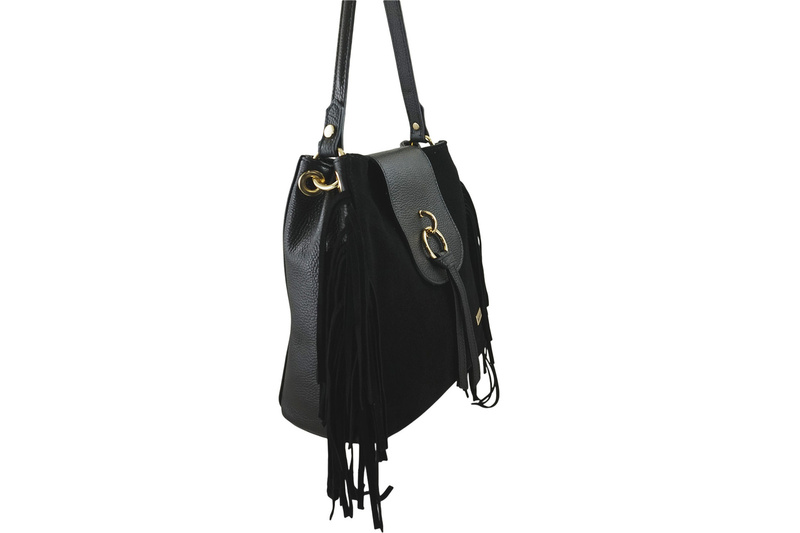 Skórzana torebka boho z frędzlami - Czarna