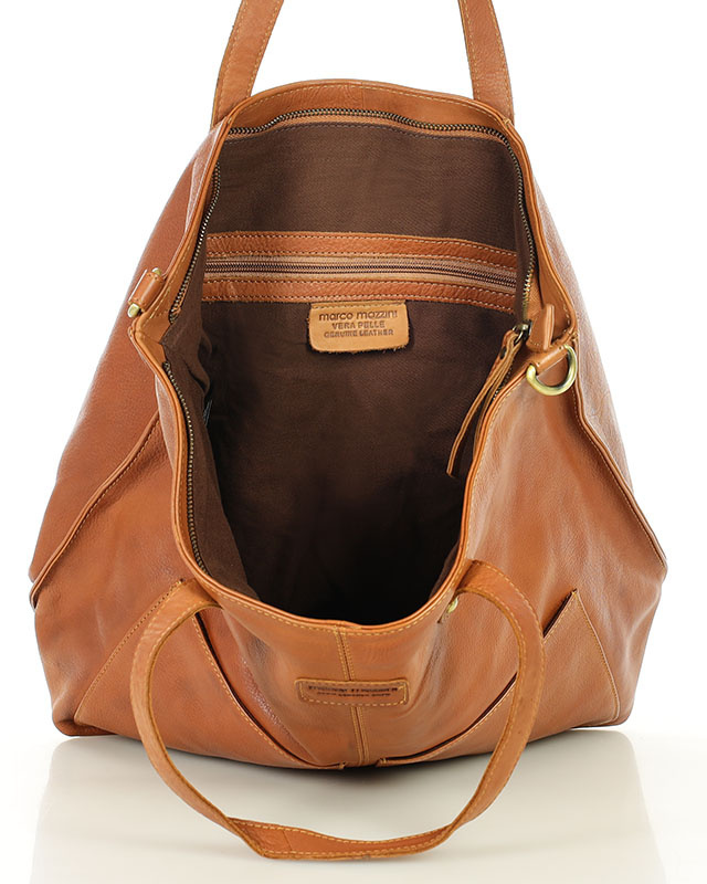 Torebka skórzana brązowa camelowa duża typu shopper - MARCO MAZZINI
