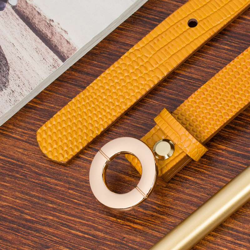 Skórzany pasek damski do spodni sukienki musztardowa skóra nat 1,8 cm Beltimore O16 : Kolory - żółty, złoty, Rozmiar pasków - r.105-120 cm