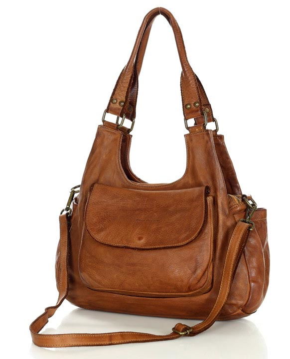 Włoska torebka skórzana z kieszenią z przodu retro bag handmade - MARCO MAZZINI brąz camel