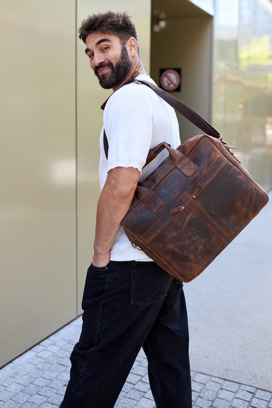 Duża solidna skórzana torba Beltimore na laptopa dokumenty brązowa nubuk M87