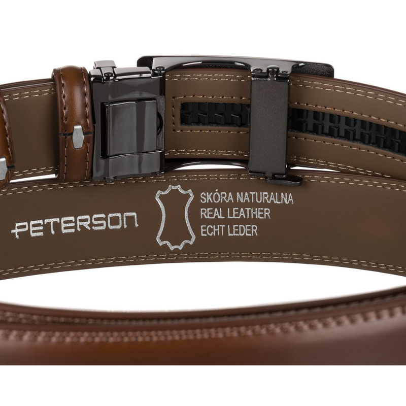 Brązowy pasek męski z automatyczną klamrą wykonany ze skóry naturalnej - Peterson