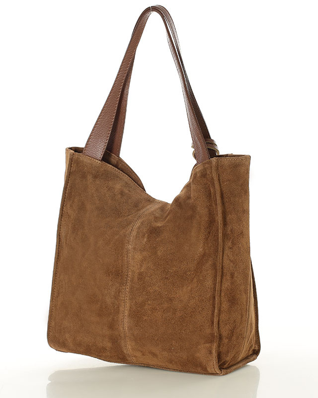 Brązowa torba zamszowa ze skóry typu shopper - MARCO MAZZINI