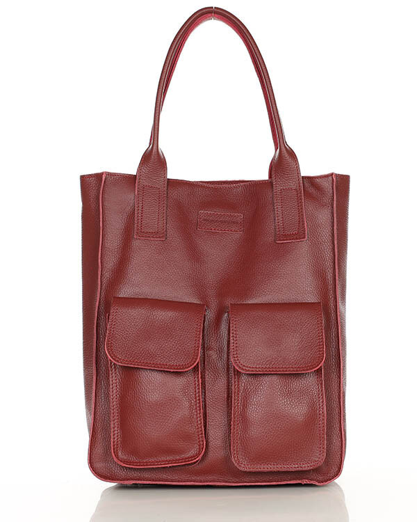 Torebka skórzany shopper bag z kieszeniami - MARCO MAZZINI ciemny czerwony