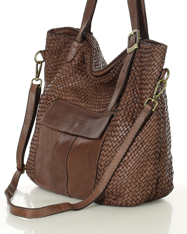 Duża torebka pleciona na ramię shopperka skórzana - MARCO MAZZINI brąz