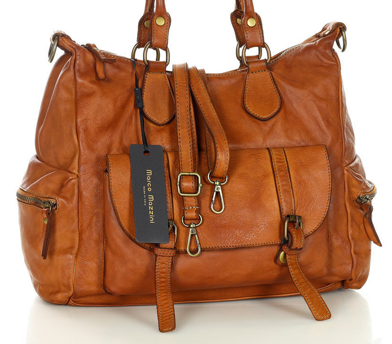 Pojemna torba damska na ramię z kieszeniami skóra naturalna - MARCO MAZZINI brąz camel