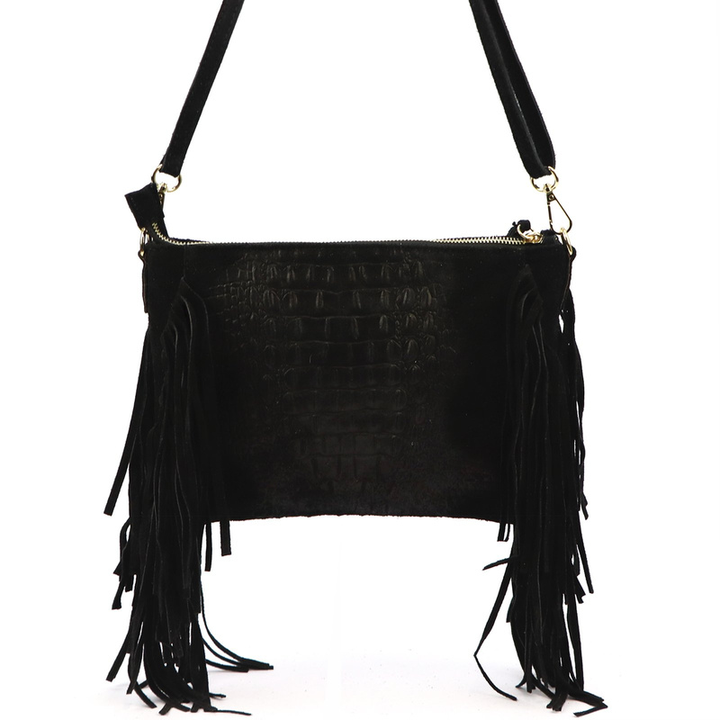 Vera Pelle skórzana damska listonoszka torebka przez ramię z frędzlami