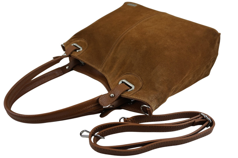 Duża elegancka torebka z naturalnej skóry i zamszu - Brązowa jasna