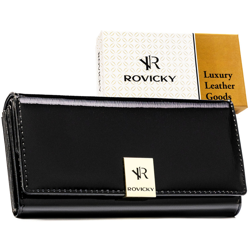 Duży portfel damski z lakierowanej skóry naturalnej w czarnym kolorze zamykany na zatrzask - Rovicky