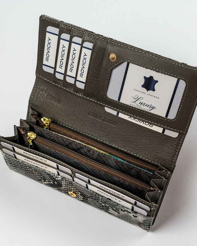 Rovicky podłużna damska portmonetka skóra naturalna portfel wzór węża RFID