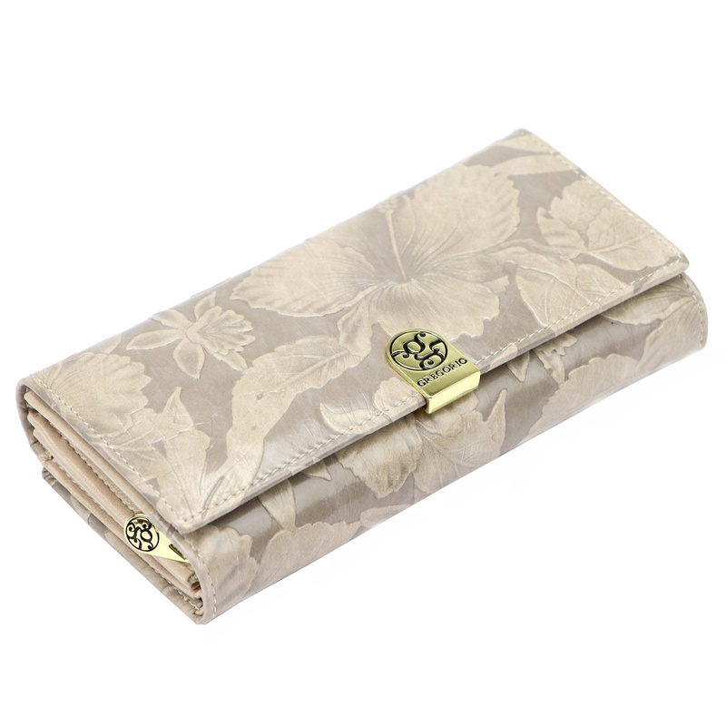 Gregorio podłużny damski portfel duży skóra naturalna kwiatowy wzór