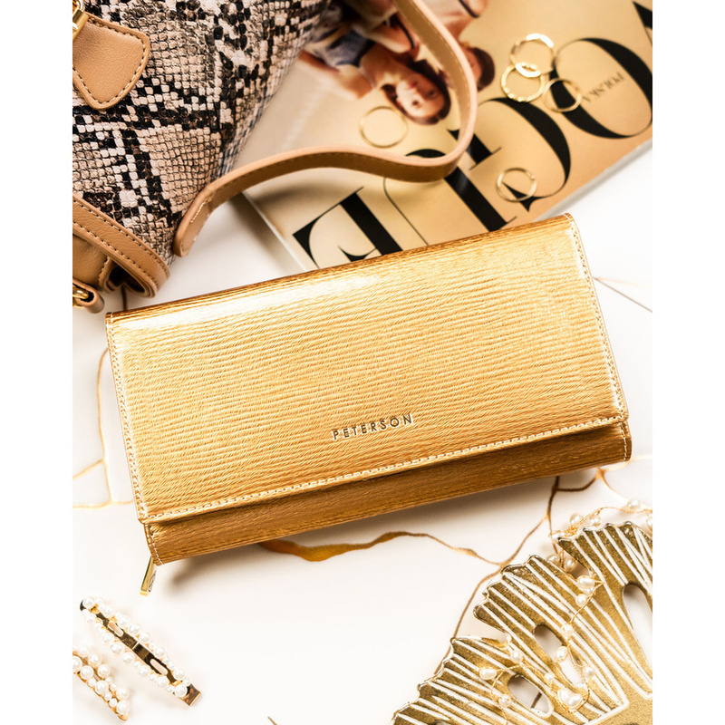 Duży, złoty portfel damski ze skóry naturalnej zamykany na zatrzask - Peterson