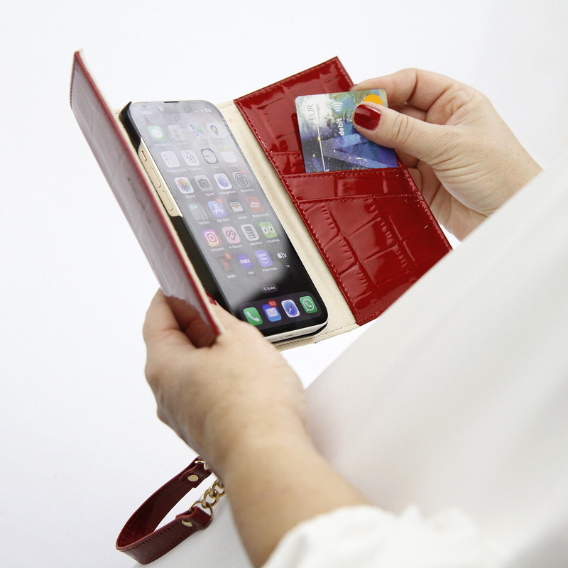 MiaMore etui na telefon z klapką skóra naturalna lakierowana IPHONE 13