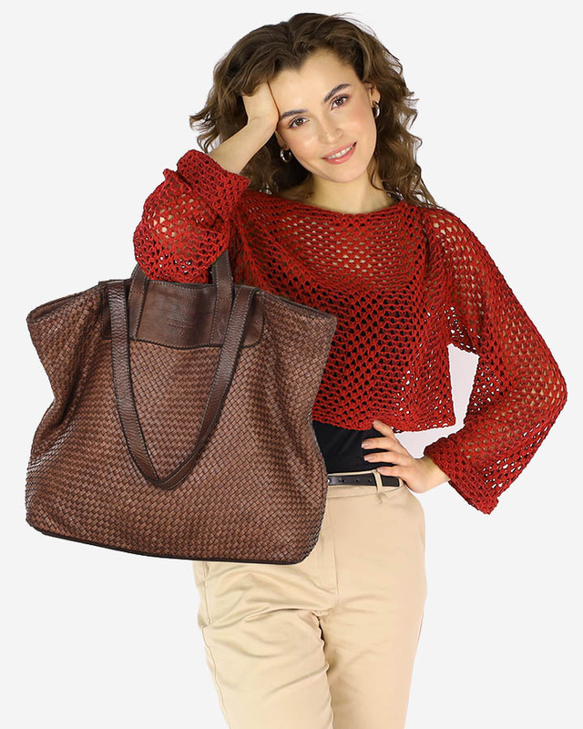 Torba damska pleciona shopper & shoulder leather bag MARCO MAZZINI brąz
