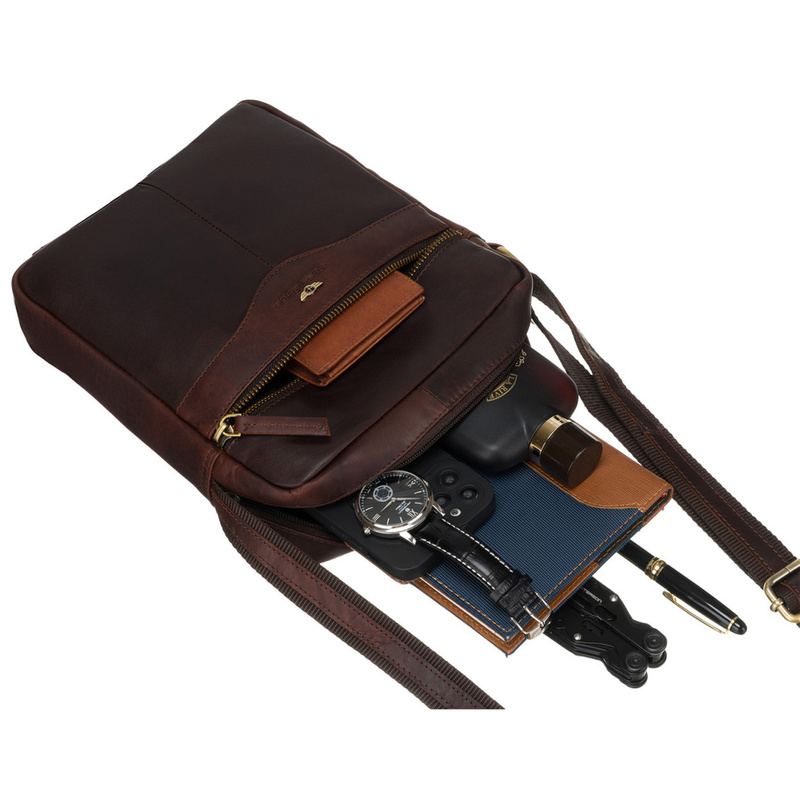 Skórzana, brązowa listonoszka męska z kieszonką - Peterson