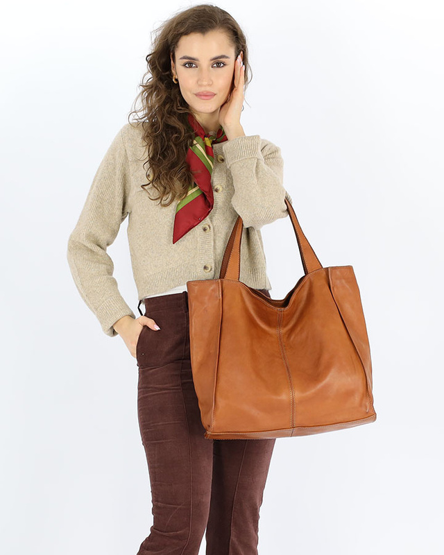 Duża skórzana torebka shopper na ramię – MARCO MAZZINI brązowa camel, idealna na miasto