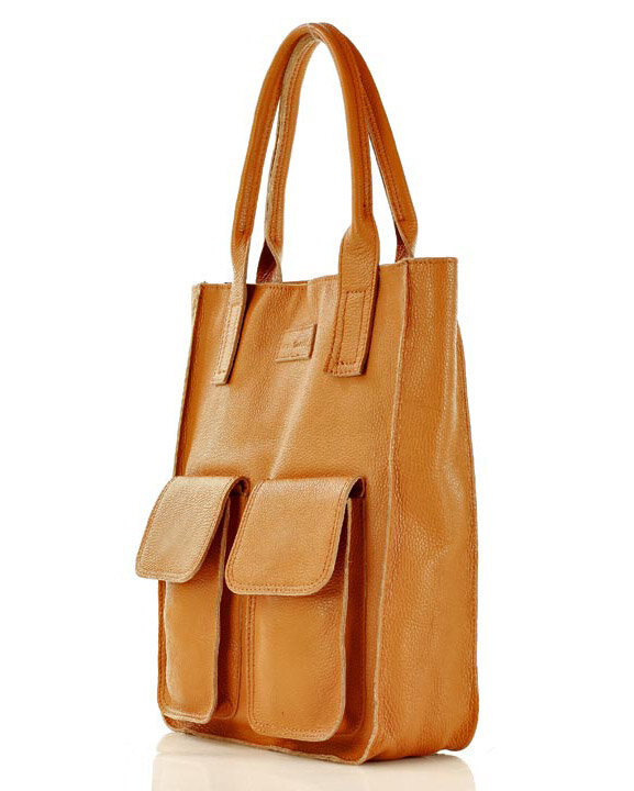 Torebka skórzany shopper bag z kieszeniami - MARCO MAZZINI Ravenna brąz camel