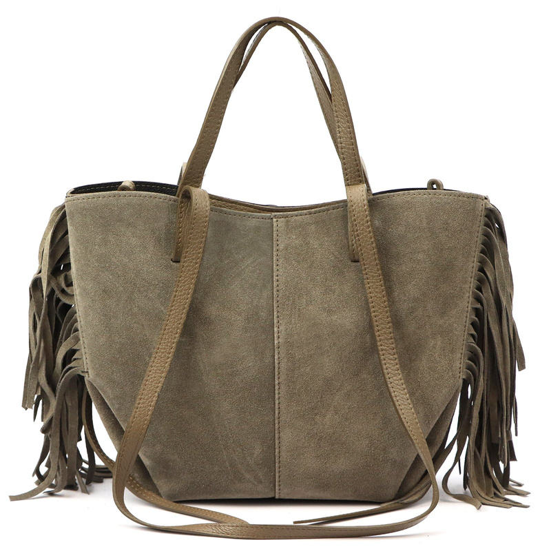 Vera Pelle damska shopperbag zamszowa torebka na ramię z frędzlami