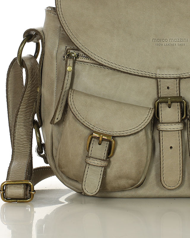 MARCO MAZZINI Skórzana torebka listonoszka z kieszeniami safari handmade bag beż