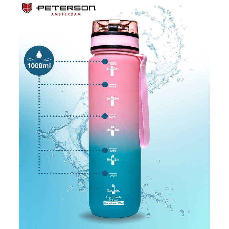 Praktyczny bidon na wodę w niebiesko-różowym kolorze wyposażony w smyczkę - Peterson