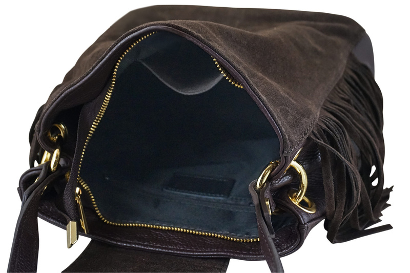 Skórzana torebka boho z frędzlami - Brązowa ciemna