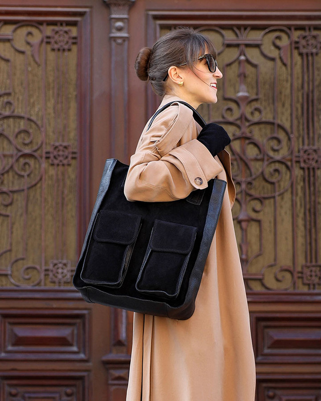 Torebka zamszowa shopper bag z kieszeniami skóra naturalna - MARCO MAZZINI czarny