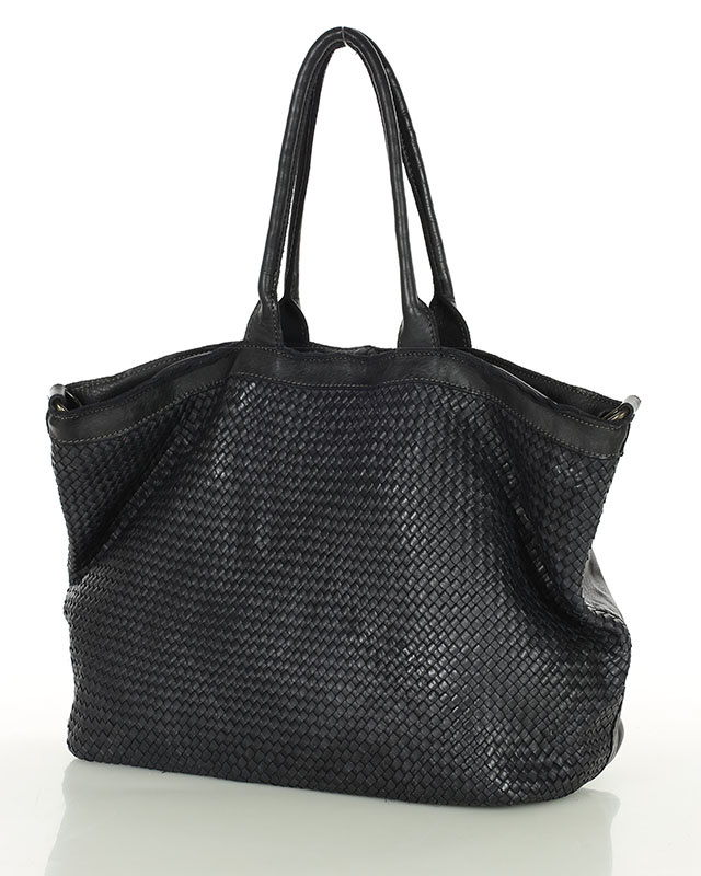 Duża torba shopper z plecionej skóry naturalnej - MARCO MAZZINI czarna
