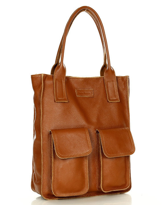 Torebka skórzany shopper bag z kieszeniami - MARCO MAZZINI brąz karmel